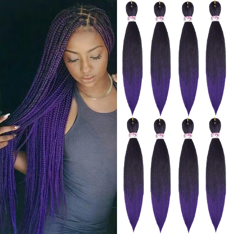 Befunny 8 Packs Braiding Hair Pre Stretched 24inch Prestretched Crochet Hair Two Tone Black/Purple Pre stretched Synthetic Hair For Human 3X Braids Yaki Straight, Itch Free For Women(24â€,Tpurple) - Image 1